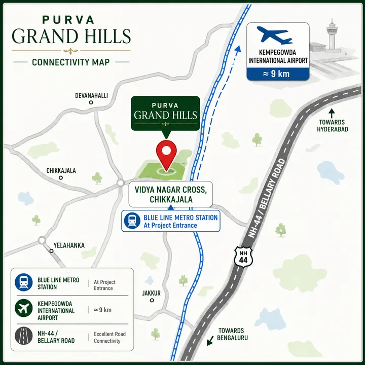 Location map showing Purva Grand Hills at Chikkajala on the Bengaluru airport corridor